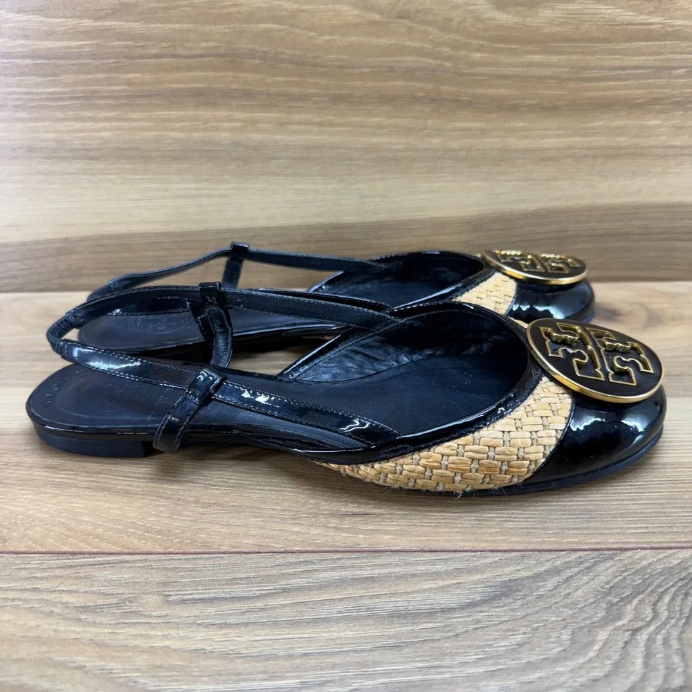 Tory Burch Jolie Woven Raffia Reva Flats Womens 6.5 Black Gold Slingback
